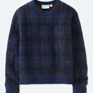 Uniqlo Alpaca Blend Plaid Crewneck Sweater - Navy Blue & Orange Tartan - Size M